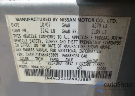 2008 Nissan Altima 2.5 S из США, поврежденный, VIN 1N4AL21E48N432869